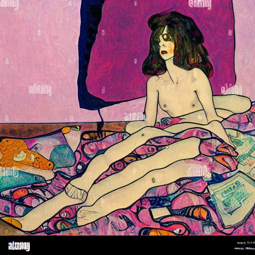 Prompt: rocker goth teen girl with black lace boots laying on her stomach on the floor, writing on a journal. 1970s colorful psychedelic bedroom. Trippy room. Stylized. Egon schiele