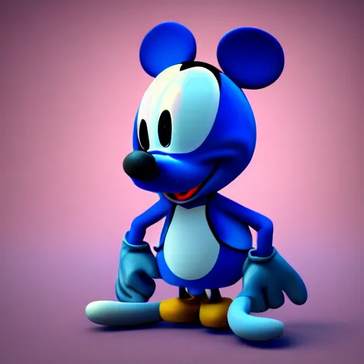 Image similar to a blue furry mickey rat with triangle ears and back gloves, high quality 3 d render trending in art station