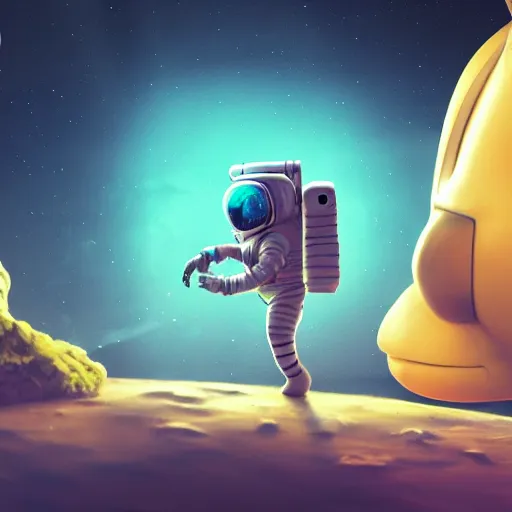 Image similar to astronaut sleeping in bed on moon, bioluminescence, vegetation, colorful, rim light, highly detailed, tilt shift, digital painting, concept art, smooth, sharp focus, pleasing aesthetics, 3 d render, octane render, disney pixar, 4 k