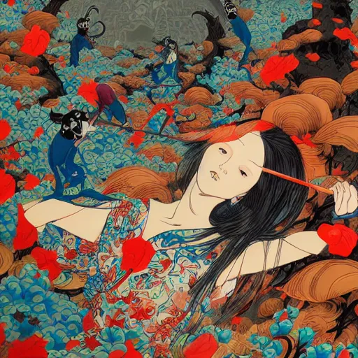 Image similar to james jean style, utagawa kunisada style, vfx art, unreal engine render, claymation style, colourful, volumetric light, digital painting, digital illustration, dramatic light,