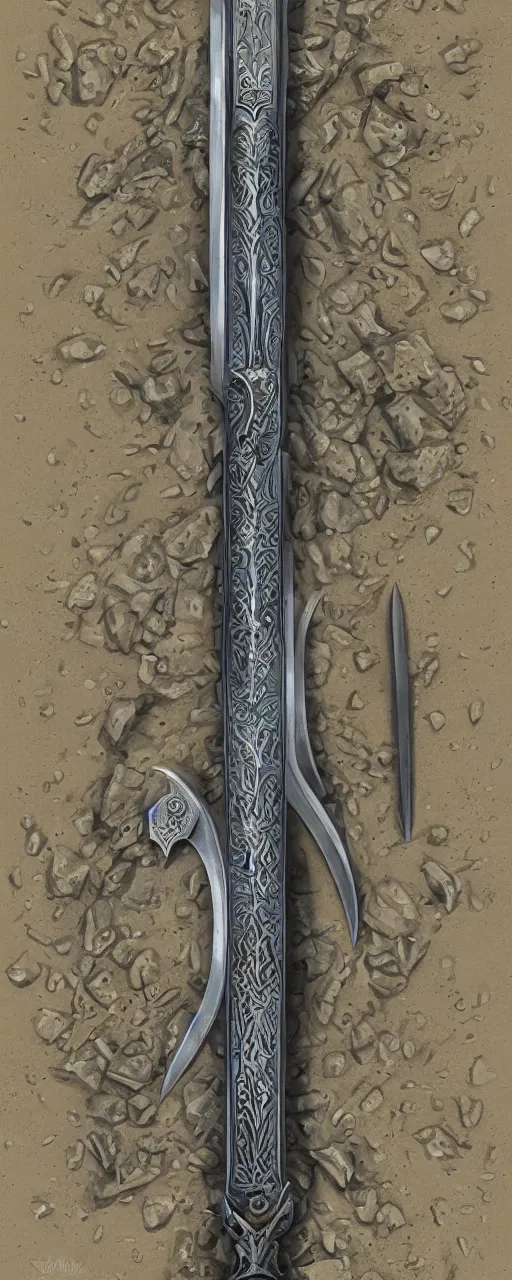 Image similar to sword of justice laying in the sand, ornate gem in pommel, engraved blade, serrated point, herringbone floor, low angle, greg rukowski, boris vallejo