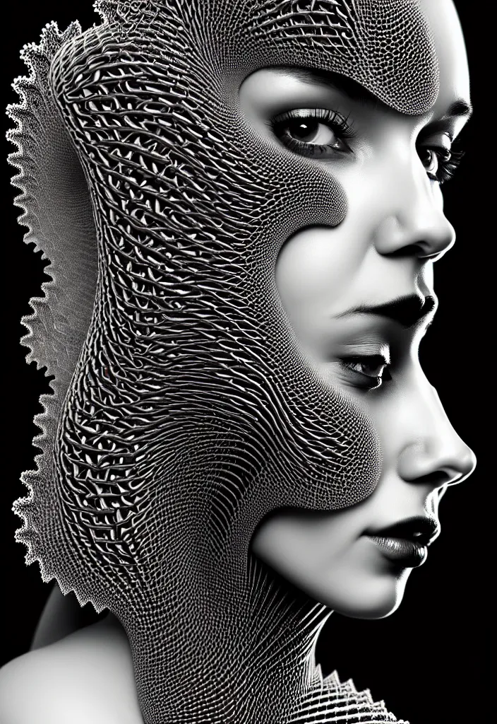 Image similar to portrait of a young beautiful woman with a partially face covering mask. fractal, mandelbulb technique. black and white, black on black. intricate, elegant, super highly detailed, professional digital painting, smooth, extreme illustration, 8k, 3D, beautiful, cinematic. art deco, art nouveau.