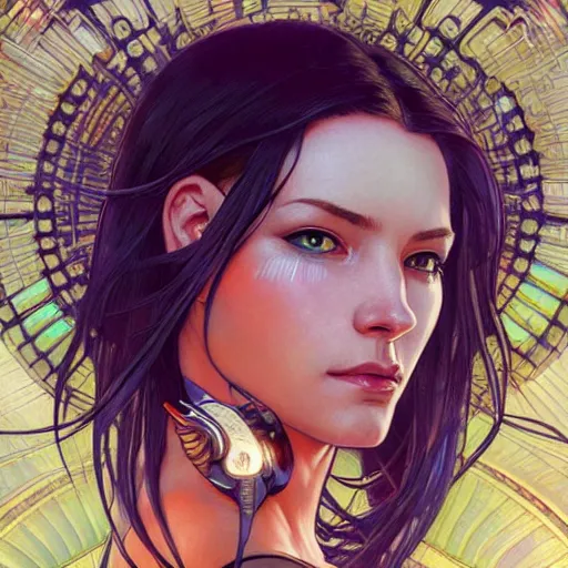 Image similar to cyborg, female, fantasy, bioluminiscence, flowing hair, portrait, highly detailed, digital painting, beautiful eyes, symmetry, concept art, sharp focus, illustration, art by artgerm and greg rutkowski and magali villeneuve and ilya kuvshinov! : : alphonse mucha : : - 0. 2