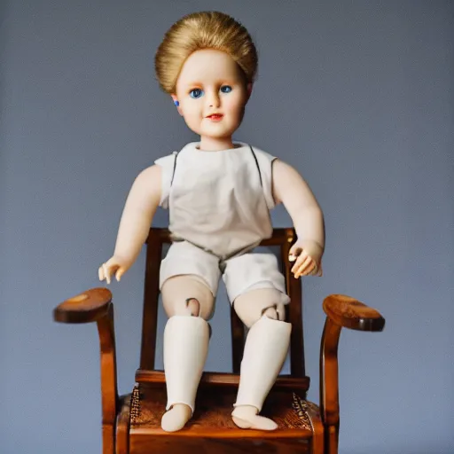 Image similar to Porcelain doll Ryan gosling sits on a rocking chair, realism, proportions,