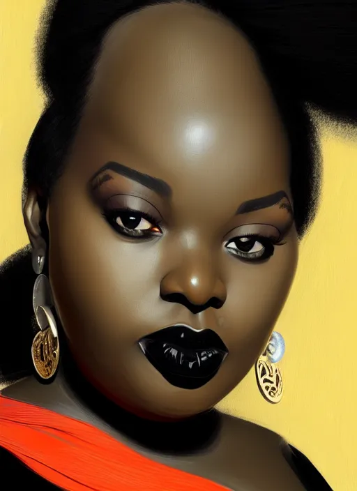 Image similar to portrait of a plump african woman with a crooked nose and a confident expression, 1 9 6 0 s, black clothes, goth, punk, brightly coloured hair, funk, intricate, elegant, highly detailed, digital painting, artstation, concept art, smooth, sharp focus, illustration, art by wlop, mars ravelo and greg rutkowski