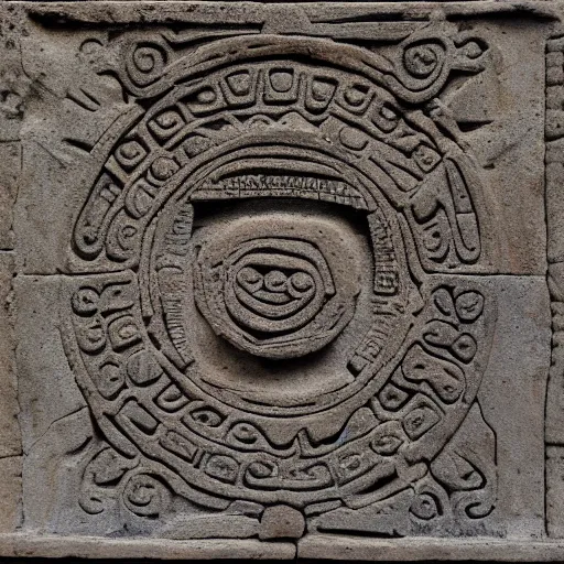 Image similar to decorative stone panel depicting ufo. Mayan artifact by Pacal Votan. 4K high quality museum collection photograph