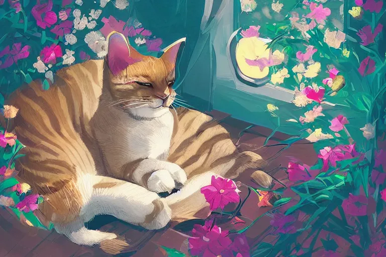 Image similar to a digital art of an american shorthair sleeping in the room with flowers around in the afternoon, the sun shines in, animal, light effect, highly detailed, by anton fadeev