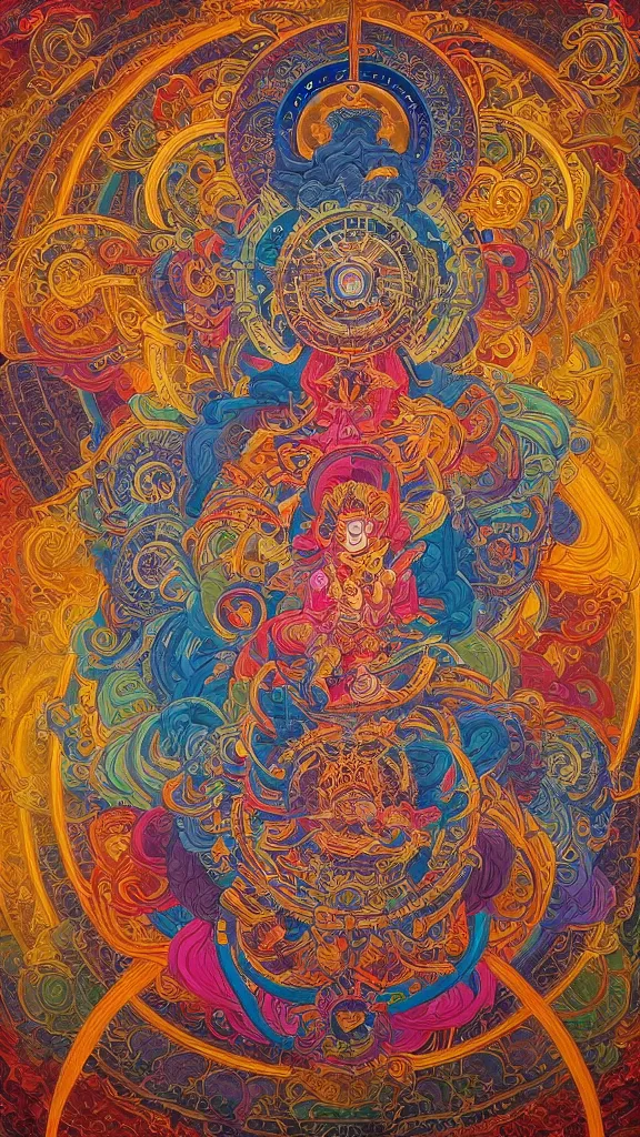 Image similar to yantra, tibetan thangka, giant mandala made up of intricate neon line work, cyberpunk angel and demon heavenly battle, flowing pieces of cloth tapestry, peter mohrbacher, Alma Thomas, 8K Resolution, High Details, secondary colours, ornate, mandala, retro-futurism artstation, perfect symmetry,