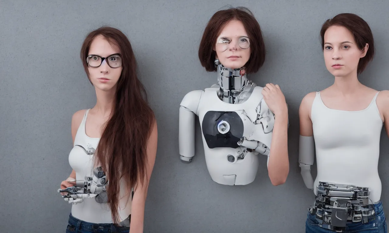 Image similar to full body photo of a woman with human face and robot body, robot body, steel body, human face, cyborg body