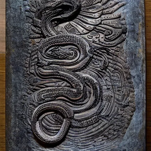 Image similar to serpent king : : grubby, volatile, highly detailed, maximalist : : obsidian carving : :