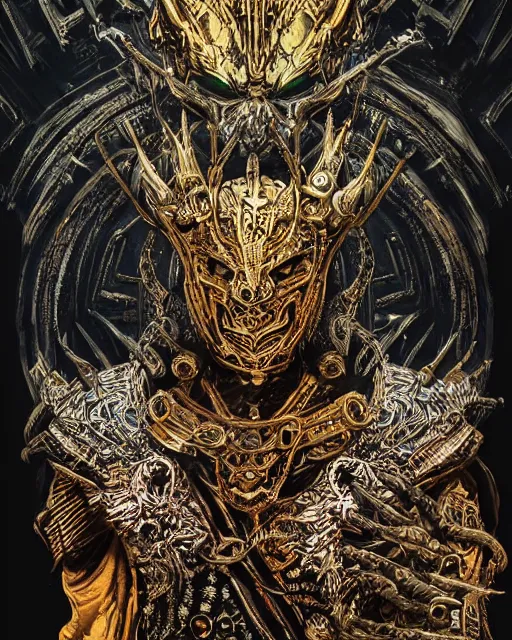 Prompt: a highly detailed portrait of ankou the evil lord staring with anger and wearing ornate armor made of sci fi panels and a gold death mask by philippe druillet, death and corruption, smooth, intricate, sinister, evil energy, souls of the dead, dark aura, matte painting, artstation, evild ark color scheme, dark fantasy sci fi, sharp focus, cgsociety