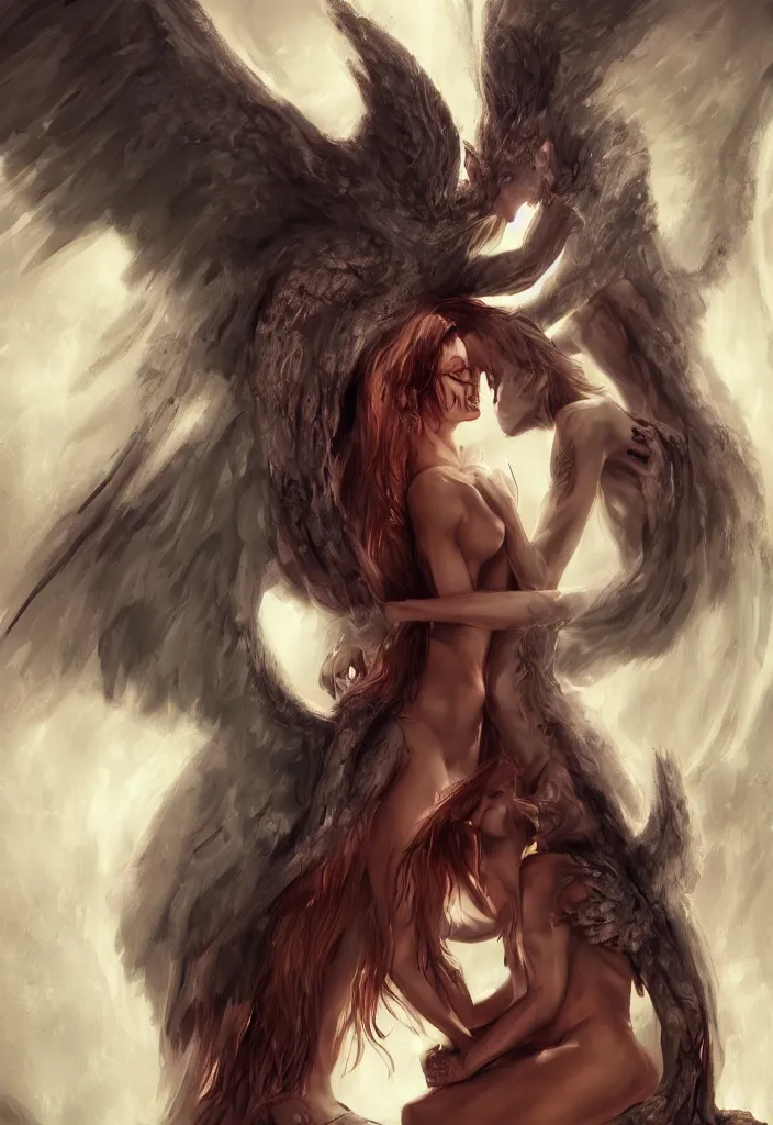 Image similar to a demon being intimate with an angel, fantasy, trending on artstation, digital art.