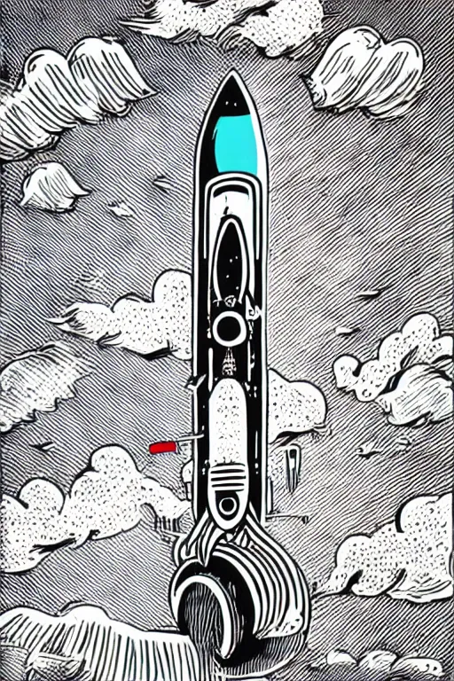 Prompt: mcbess illustration of a rocket ship with rainbow color exhaust fumes