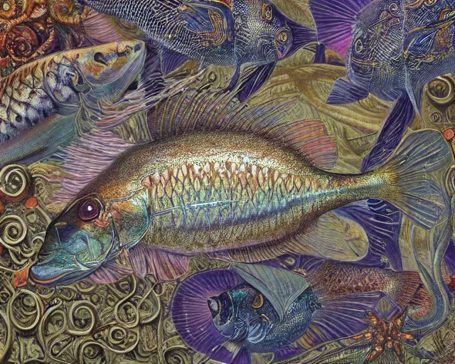 Image similar to hyperrealistic image of a beautiful fish, intricate ornamental gothic designs, heavily decorated, art by ernst haeckel, james jean,