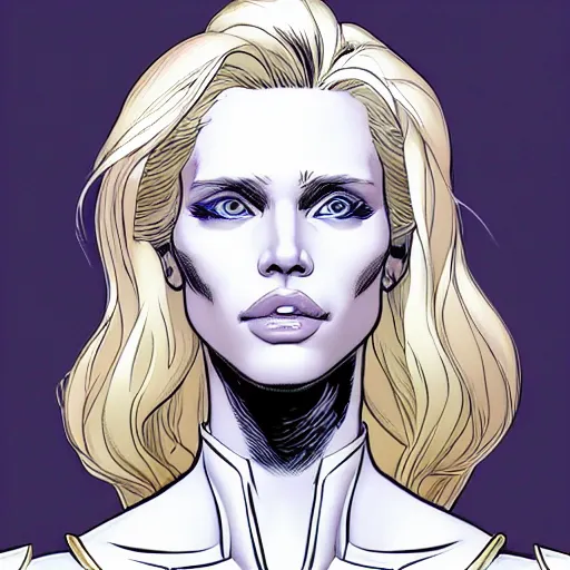 Prompt: abbey lee kershaw as emma frost, symmetrical facial features, 8 k intricate detail, golden ratio, art by laurie greasley and pepe larraz, radiosity rendering,