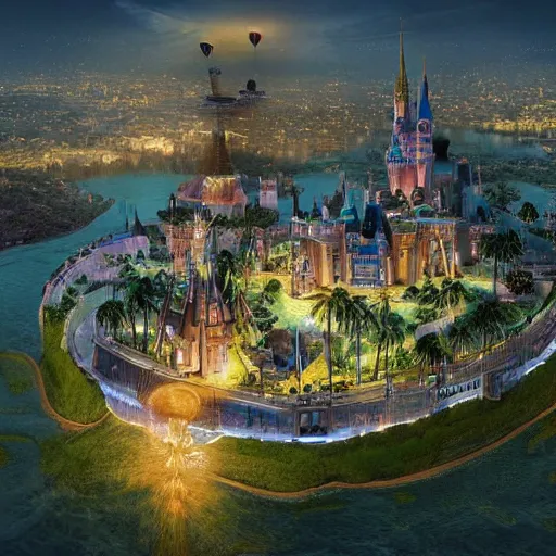 Image similar to the disney castle surrounded by giant palm trees on a giant floating island in the sky, a huge light bulb illuminates the island from above, night, cinematic, digital art by erik johansson, 8 k resolution, hyper detailed, sharp focus