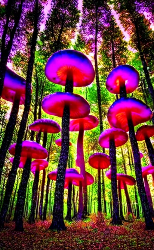 Image similar to trippy enchanged forest with large psychedelic mushrooms