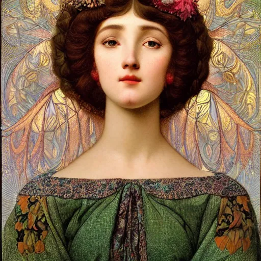 Image similar to hyperrealistic detailed portrait of an e - girl. egirl, art by ernst haeckel, john william godward, hammershøi, alphons mucha, pontormo, ornamental, decorative, art nouveau pattern, lights by hopper, pastel colours,