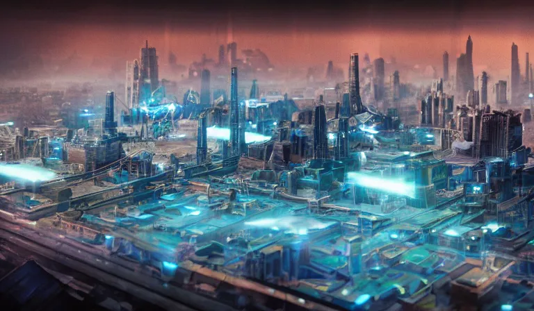 Image similar to large group of people in simple warehouse, looking at hologram of futuristic city on a table, cinematic concept art, godrays, golden hour, natural sunlight, 4 k, clear details, tabletop model buildings, center model buildings, hologram center, crane shot, crane shot, crane shot