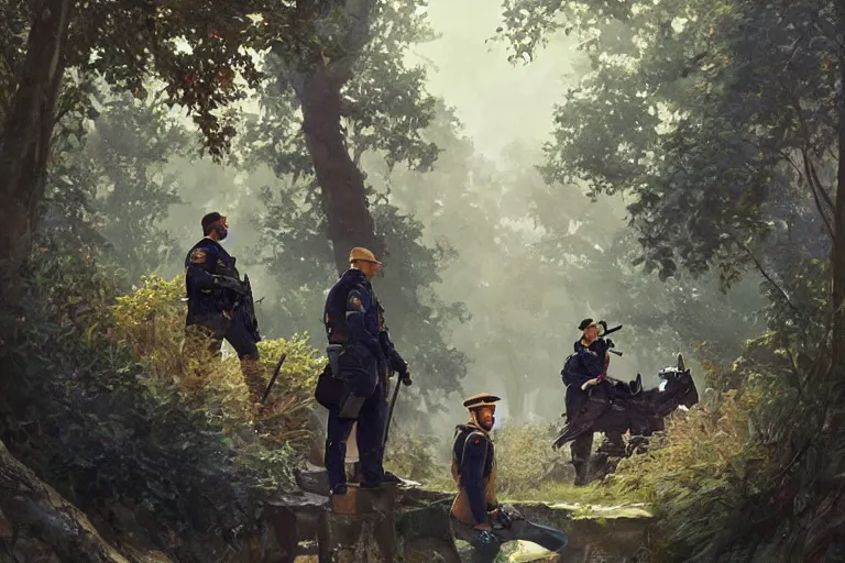 Image similar to border guards surprised to discover eu flag behind the trees, realistic painting, symmetrical, highly detailed, digital painting, artstation, concept art, smooth, sharp focus, illustration, cinematic lighting, art by artgerm and greg rutkowski and alphonse mucha