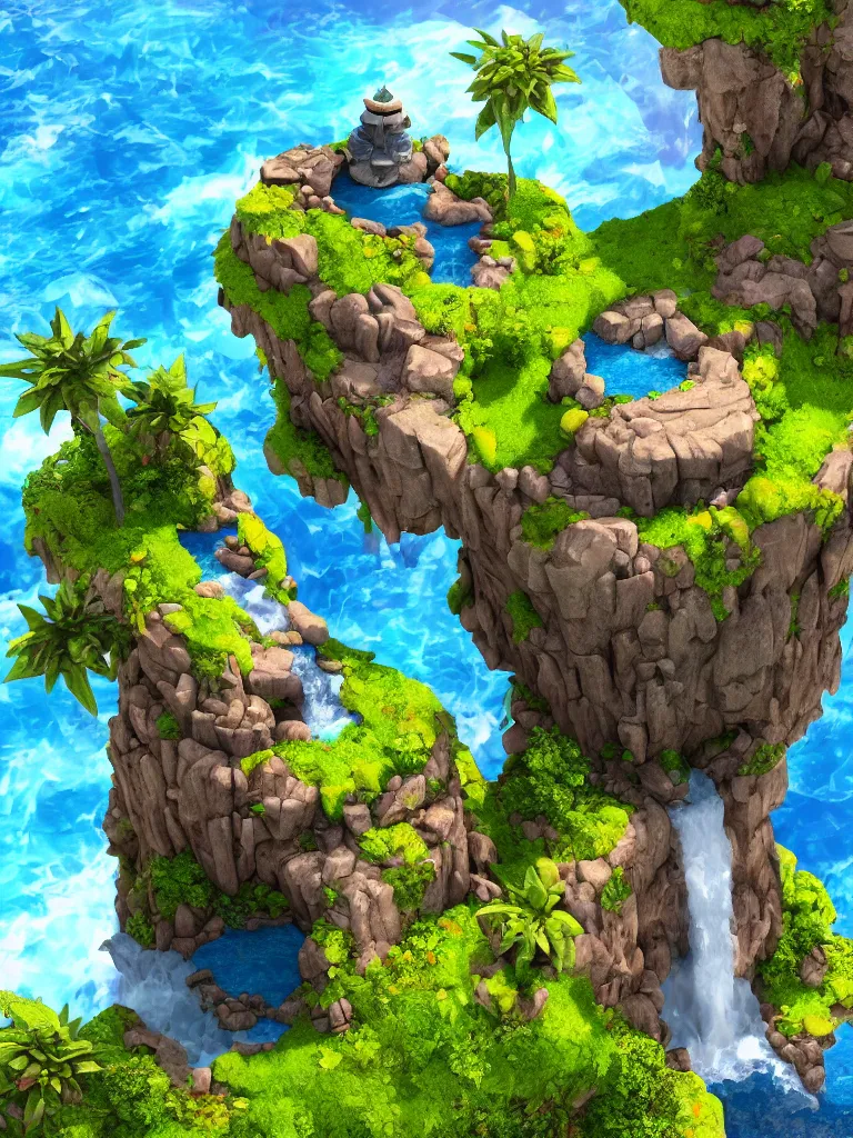 Prompt: bright sunny landscape of a tower on a tiny island with a long flowing waterfall, floating island, vignette, orthographic, vray