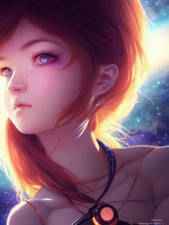 Prompt: close up picture of a space girl looking at the camera, bored, coveted, beautiful and aesthetic, intricate, unreal engine, messy hair, highly detailed, detailed face, smooth, sharp focus, chiaroscuro, manga illustration, artgerm, greg rutkowski, ilya kuvshinov, rossdraws, alphonse mucha, young adult light novel cover art