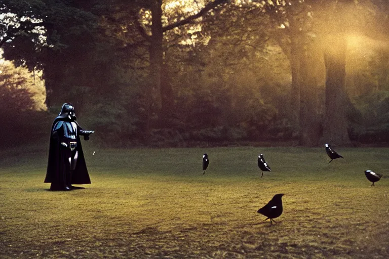 Image similar to a photograph of Darth Vader feeding the birds in a park, cinematic lighting, 35mm, morning light, national geographic, fuji velvia, highly detailed, 8k,