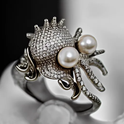 Prompt: hd photo of a octopus ring with diamonds and pearls