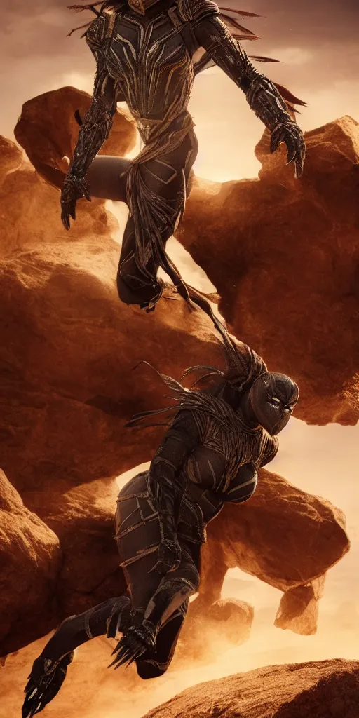 Image similar to jumping tribeswoman, destroyed armor, inspired by monster hunter and westerns, muscular body, clean beautiful symmetrical face, subtle make up, epic,dramatic lighting, cinematic, establishing shot, extremely high detail, photorealistic, black panther the movie, dune the movie, cinematic lighting, artstation, octane render, western,old photo, vintage