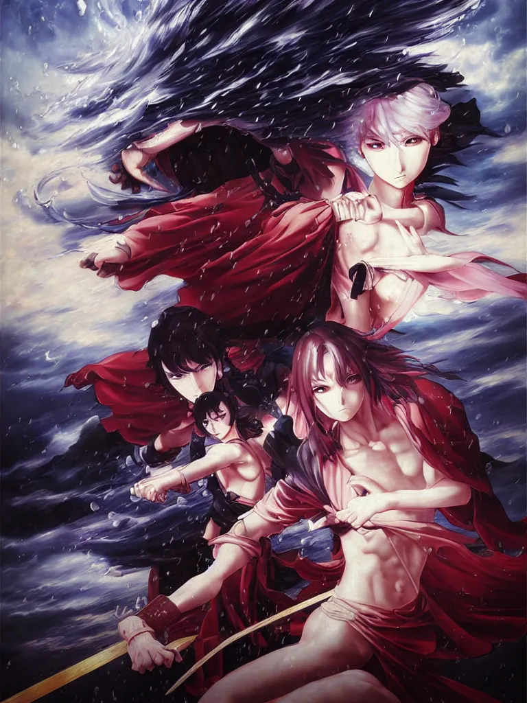 Image similar to baroque oil painting of key visual kunoichi fight, rain, brutalist fantasy, style of makoto shinkai takashi takeuchi yoshiyuki sadamoto, fate stay night