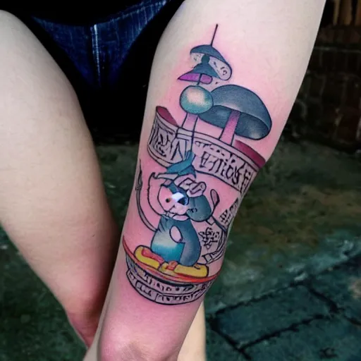 Image similar to tatoo on girl's leg with cute rat reading newspapper sitting on magic mushroom