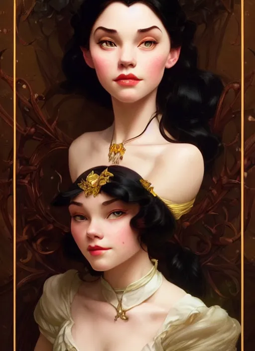 Image similar to portrait of disney snowhite, intricate, elegant, highly detailed, my rendition, digital painting, artstation, concept art, smooth, sharp focus, illustration, art by artgerm and greg rutkowski and alphonse mucha and uang guangjian and gil elvgren and sachin teng, symmetry!!