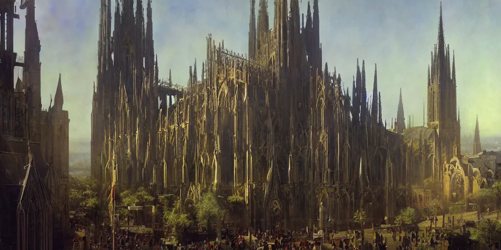 Image similar to sunlit vista, gothic cathedral with a large bell and pipes and tubes coming from it, dieselpunk cathedral, dynamic, painted by ruan jia, lawrence alma tadema, zdzislaw beksinski, norman rockwell, jack kirby, tom lovell, alex malveda, greg staples, hand of fear, bbc, tv