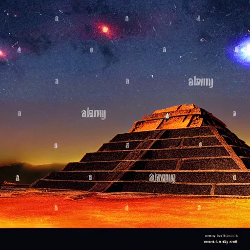 Image similar to Alien ship landing on teotihuacan pyramids at night flashes of light epic cosmic background starry night realistic photograph