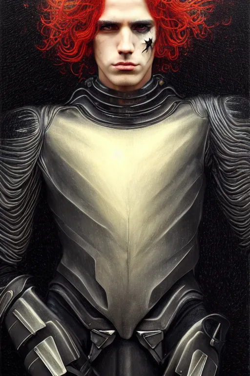 Image similar to portrait of beautiful gothic and futuristic young man with a lot of scars, more thunderstorm, dressed in cyber armor, a lot of scars, firestorm hair, the middle ages, highly detailed, artstation, illustration, art by jean delville and leon gerome and vincent disederio, 8 k quality