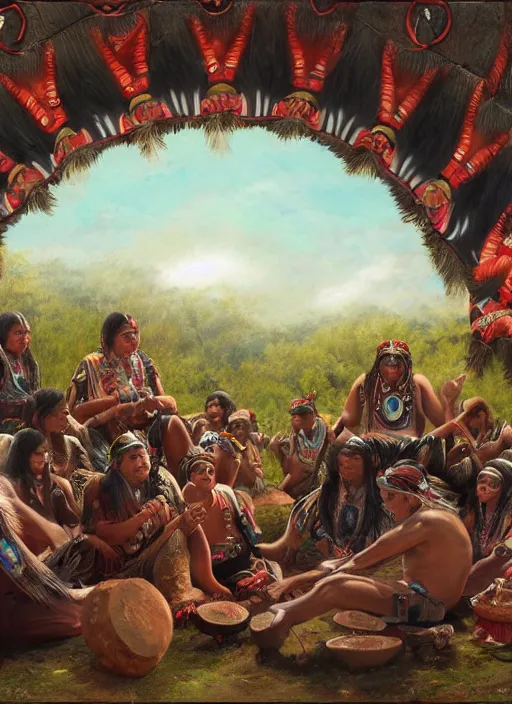 Prompt: a painting of indigenous people sitting in circle and playing shamanic drums , matte painting, highly detailed, fantasy art