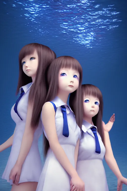 Prompt: 3d dark infrared octane render portrait of beauty anime schoolgirls under dark blue water. cute face. dramatic light, trending on artstation, art by hiro kiyohara and hayao miyazaki oil painting.