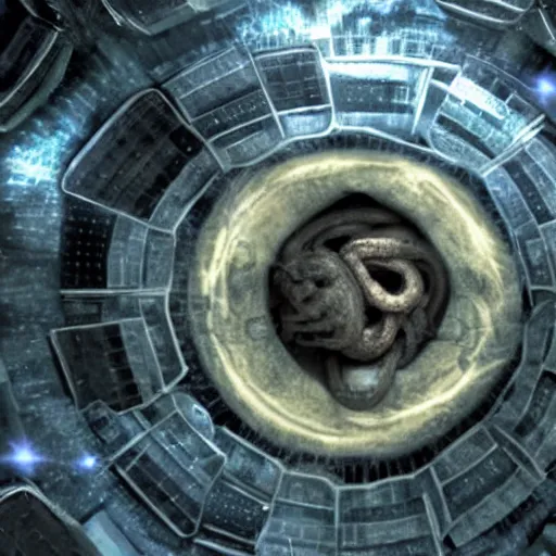 Image similar to ancient space station symbolizing a snake's nest, dark sci-fi movie scene