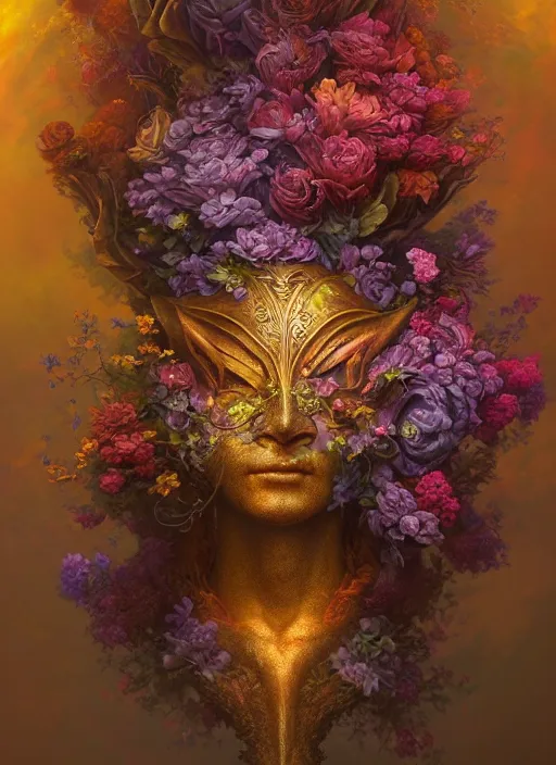 Image similar to helmet of a forgotten deity made of flowers, in the style of tomasz alen kopera and fenghua zhong and peter mohrbacher, mystical colors, rim light, beautiful lighting, 8 k, stunning scene, raytracing, octane, trending on artstation