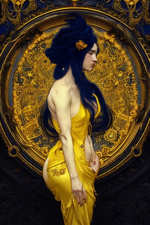 Image similar to beautiful black blue yellow, complicated gold the baroque style decoration, dark fantasy, intricate, elegant, highly detailed, digital painting, artstation, concept art, matte, 3 d 8 k octane rendered, sharp focus, illustration, octane rendered, art by artgerm and alphonse mucha, leesha hannigan