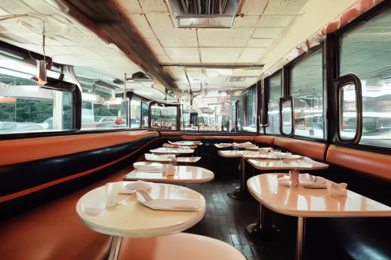 Prompt: 2001 y2k diner, extending forever into the infinite horizon 85mm f/11 interior photography two point perspective