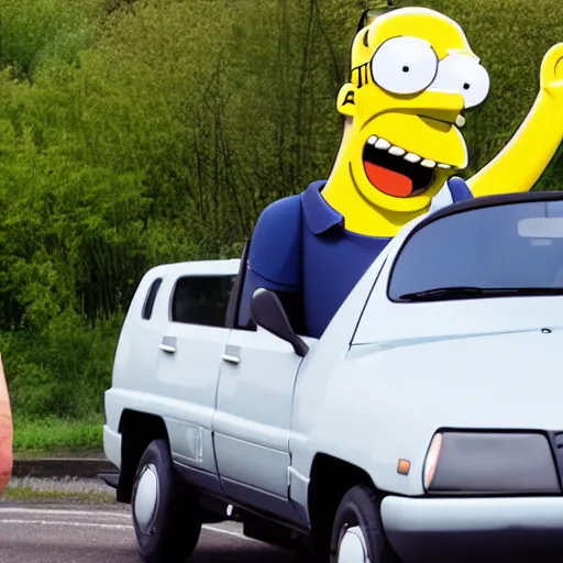 Image similar to Photo of excited Homer Simpson sitting in the driver seat of a LADA VAZ-1111