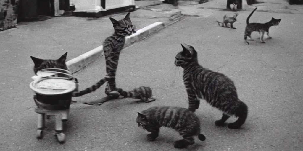Prompt: very old black and white photo from 1898, film grain, of a very old and ancient cat using a walker, while very serious kittens push important buttons funny, irony, comedy