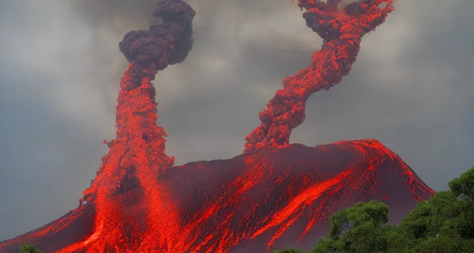 Image similar to a volcano made of ivory vines and crimson rocks enters in eruption, it spits a smoke in the shape of demonic eye, by James Gurney