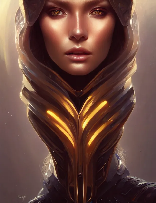 Image similar to futuristic woman portrait, sci-fi, amber eyes, face, long hair, fantasy, intricate, elegant, highly detailed, digital painting, artstation, concept art, smooth, sharp focus, illustration, art by artgerm and greg rutkowski and alphonse mucha