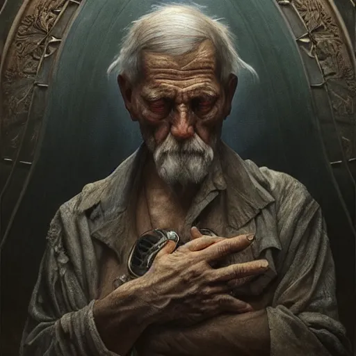 Prompt: distant shot from above painting of an old man in sorrow, staring at the underworld, ultra realistic, concept art, intricate details, eerie, highly detailed, photorealistic, octane render, 8 k, unreal engine. art by artgerm and greg rutkowski and alphonse mucha