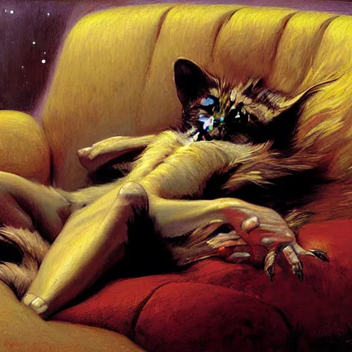 Image similar to a portrait of a furry alien human hybrid sleeping on the couch. highly detailed painting by gaston bussiere, craig mullins, j. c. leyendecker, furry