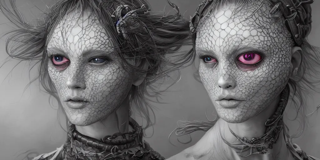 Prompt: hyperrealistic photography of a highly detailed and symmetrical gorgeous nordic female with snake eyes and a gigantic spider in the style of jin kagetsu, james jean and wlop, highly detailed, face symmetry, highly realistic hands, masterpiece, award - winning, sharp focus, intricate concept art, ambient lighting, 8 k, artstation