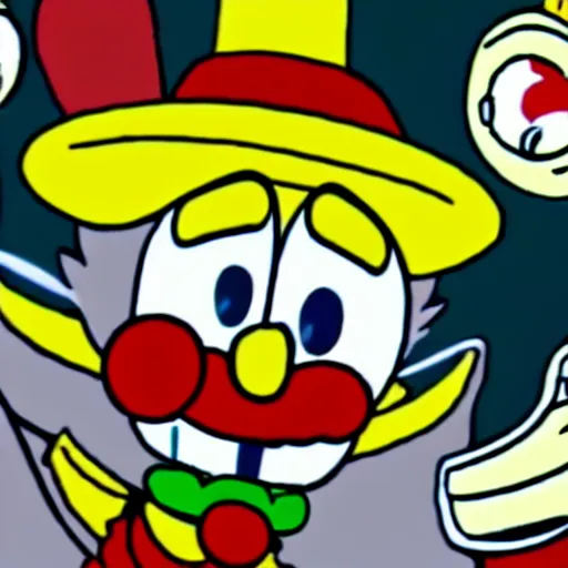 Prompt: Cuphead animation, cuphead screenshot, clown