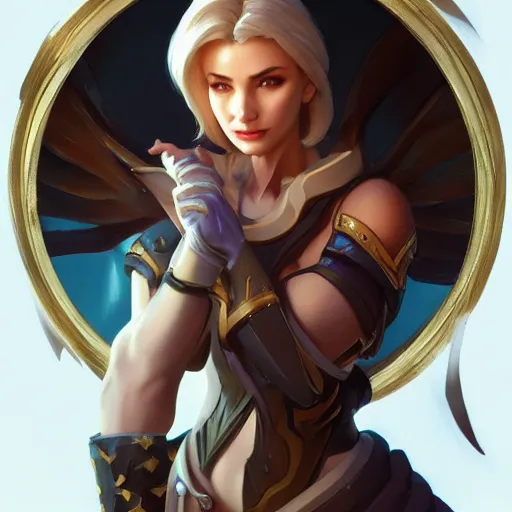 Image similar to Closeup of Mercy from Overwatch, D&D, fantasy, intricate, elegant, highly detailed, digital painting, artstation, concept art, matte, sharp focus, illustration, hearthstone, art by Artgerm and Greg Rutkowski and Alphonse Mucha